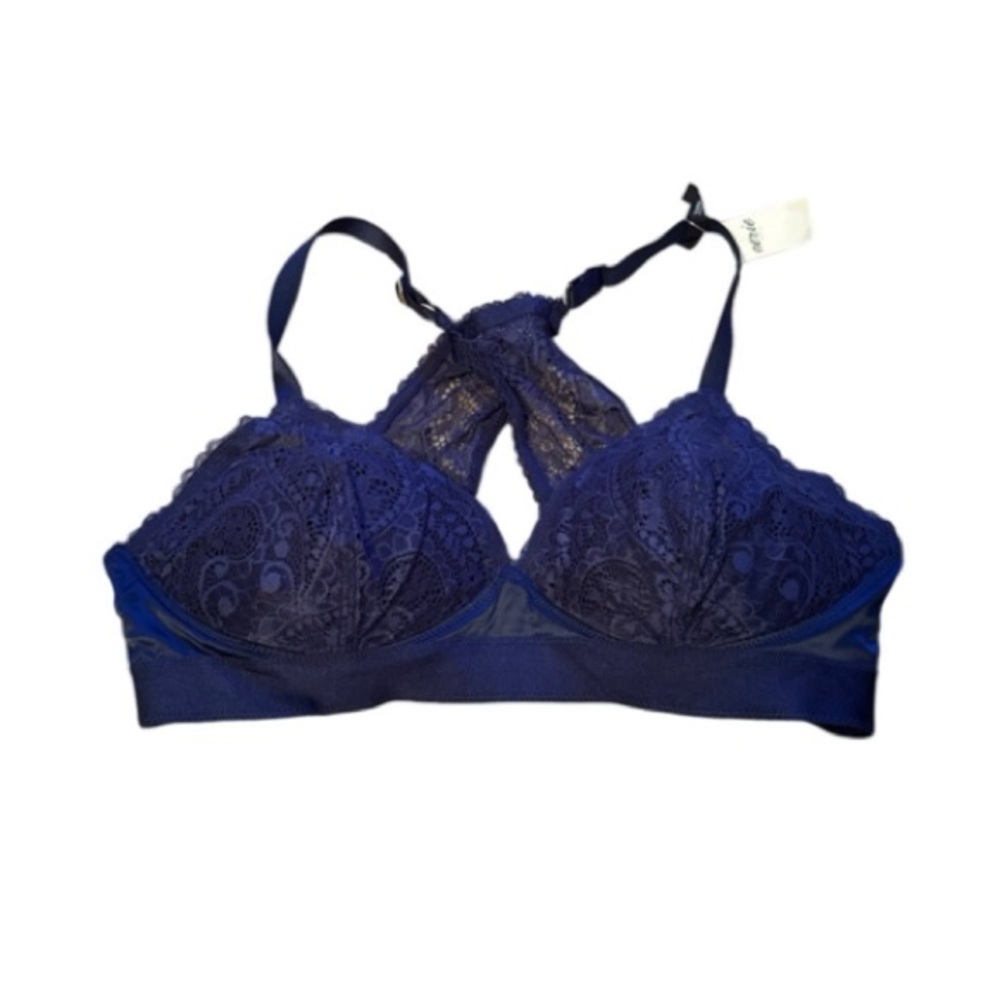Aerie Real Power Balconette Navy Blue Floral Lace Bra Sz 36D NEW